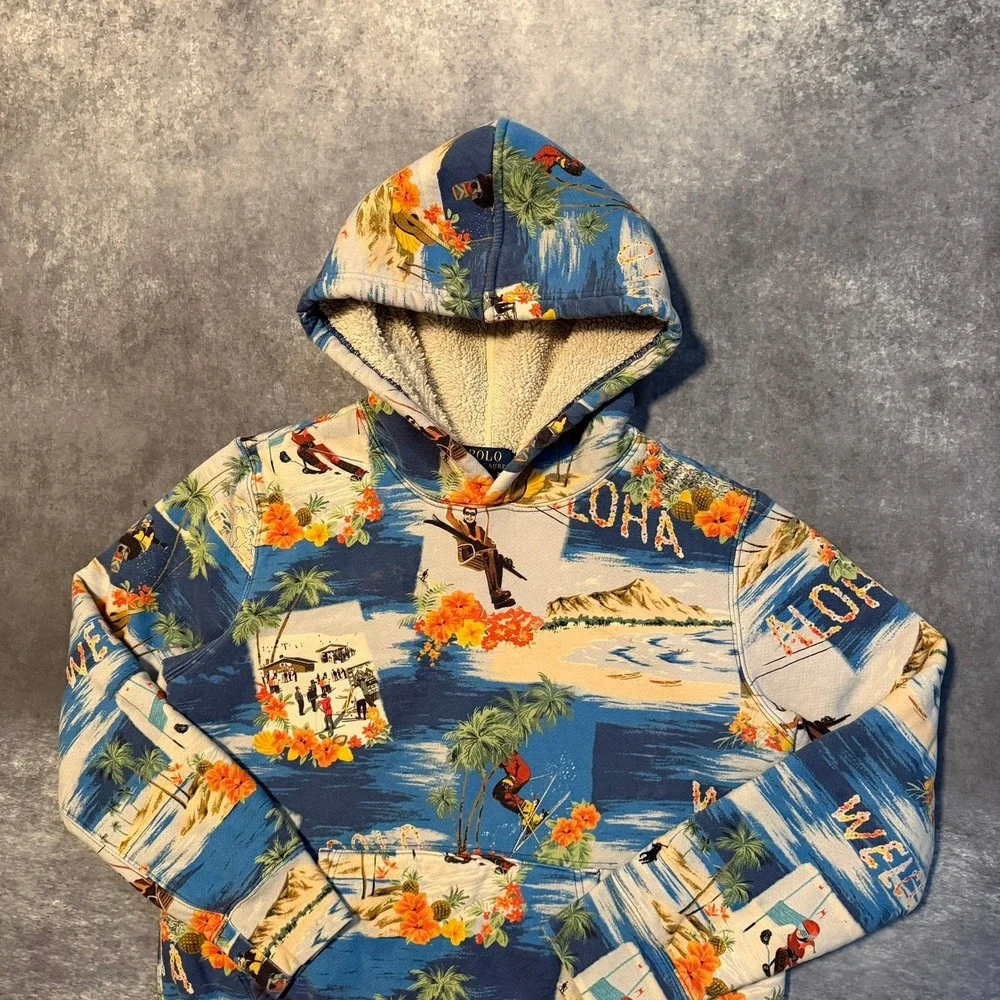 Polo Ralph‎ Lauren Kids L 14-16 Aloha Ski Hawaii Sherpa Lined Hoodie Blue Multi